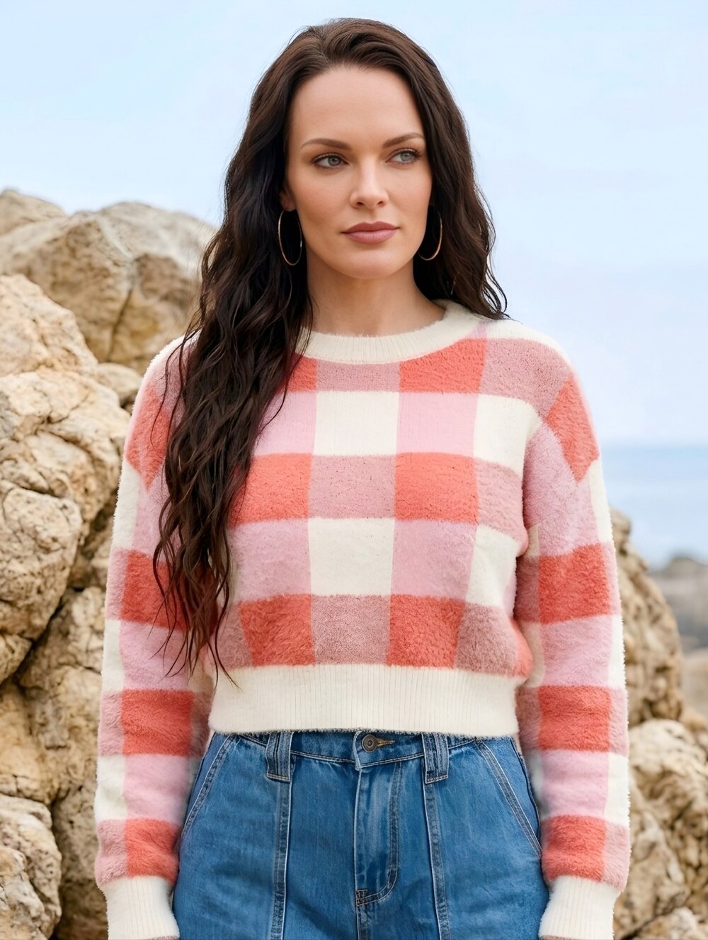 Fashion Nova ✦ Sweet Escapes Gingham Sweater ✦ Pink White Oversized Crew Soft L